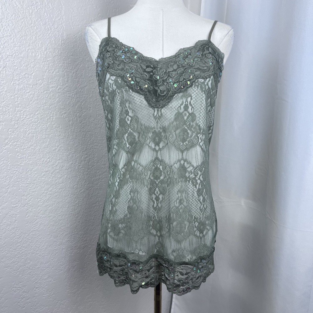Vintage Y2K Green Lace Cami Top Womens Large Sequin Fairy Grunge Boho Festival